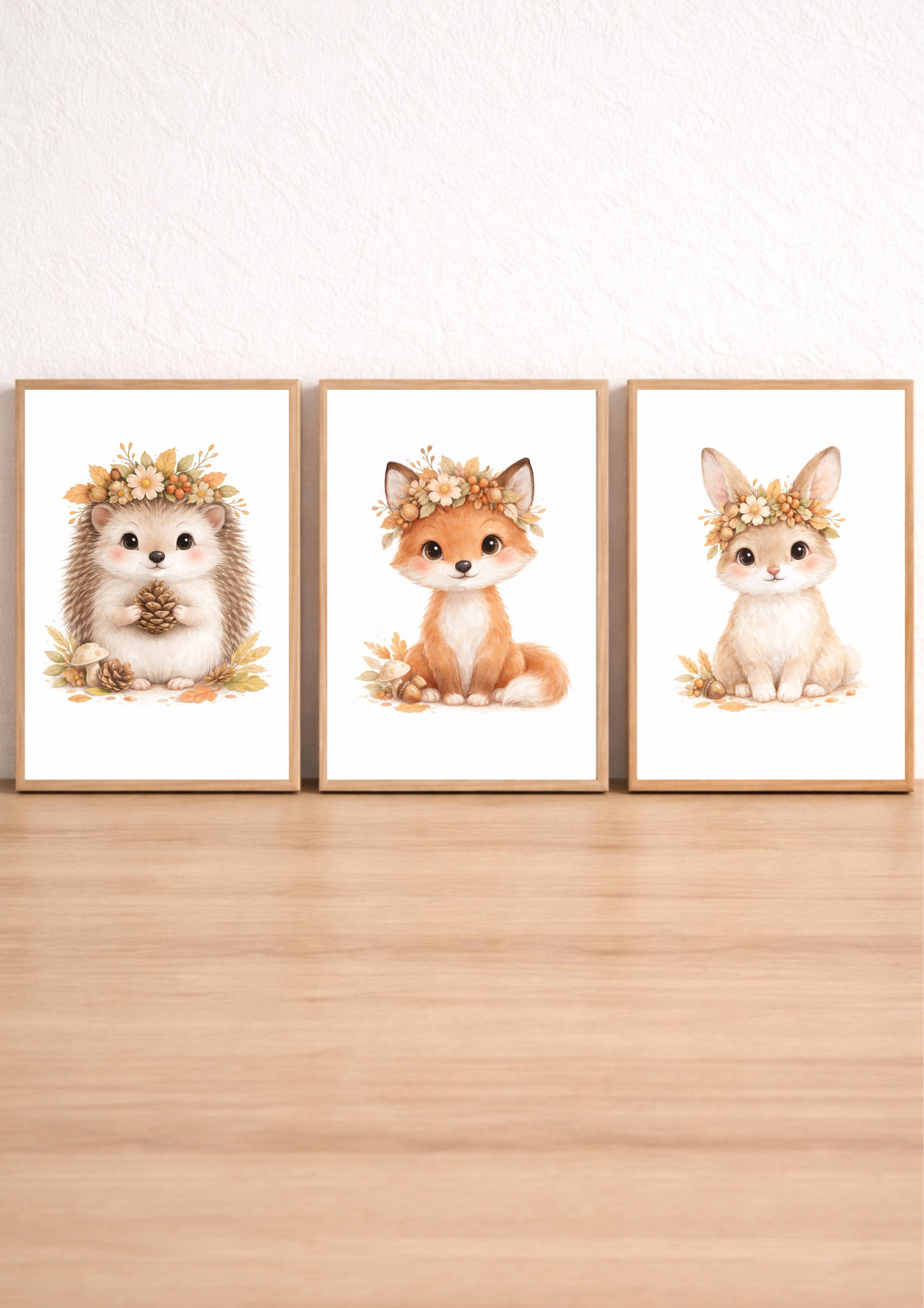 Trio d’affiches animaux forêt pour chambre bébé – renard, lapin et hérisson