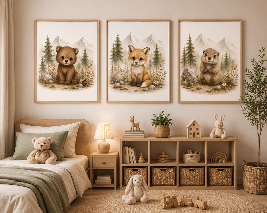 Affiches Animaux Montagne Bébé – Ours, Renard et Marmotte | Trésors des Sommets