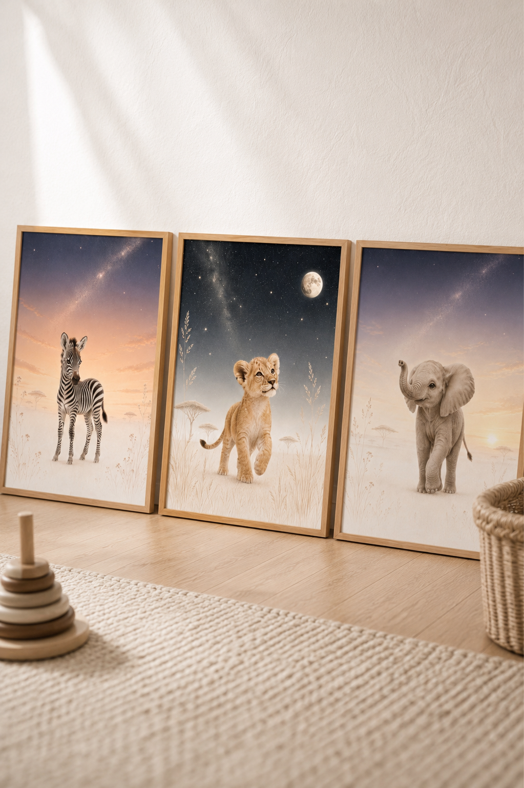 Lot de 3 affiches savane astronomie – Lionceau, zèbre et éléphanteau | Décoration chambre bébé