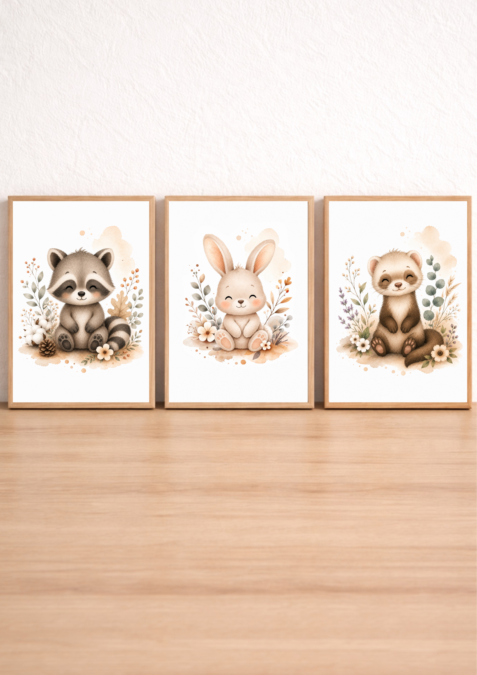 Affiches Bébé Forêt – Raton laveur, Lapin et Furet | Douce Prairie