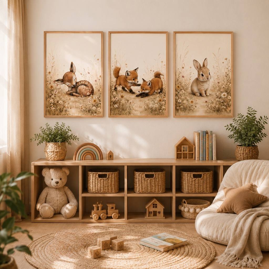 Premiers Bourgeons – Trio d’Affiches Chambre Bébé | Lapin, Renardeaux & Faon
