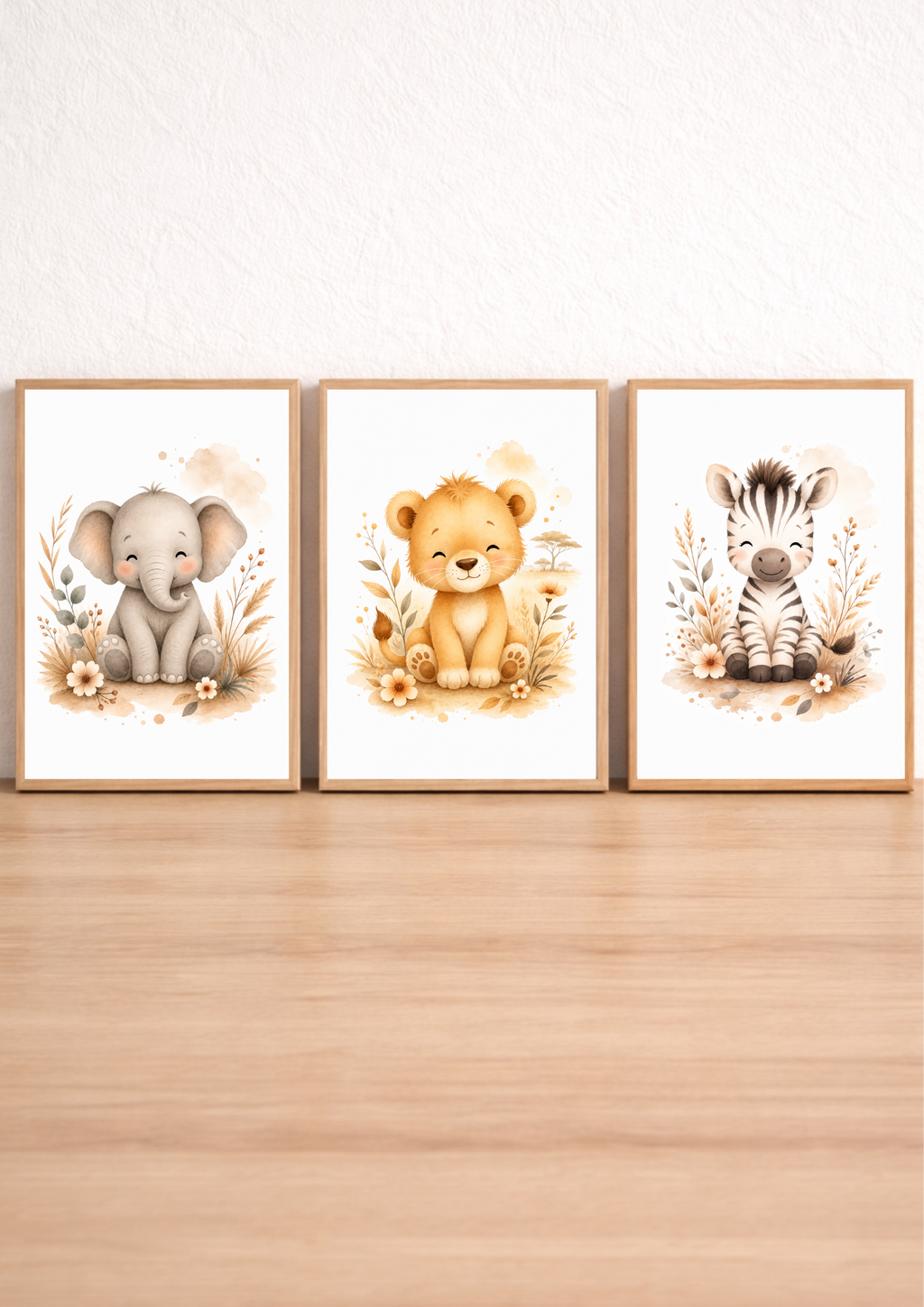 Affiches chambre bébé Safari – Collection Câlins de la Savane – Lion, Zèbre et Éléphant