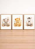 Affiches chambre bébé Safari – Collection Câlins de la Savane – Lion, Zèbre et Éléphant