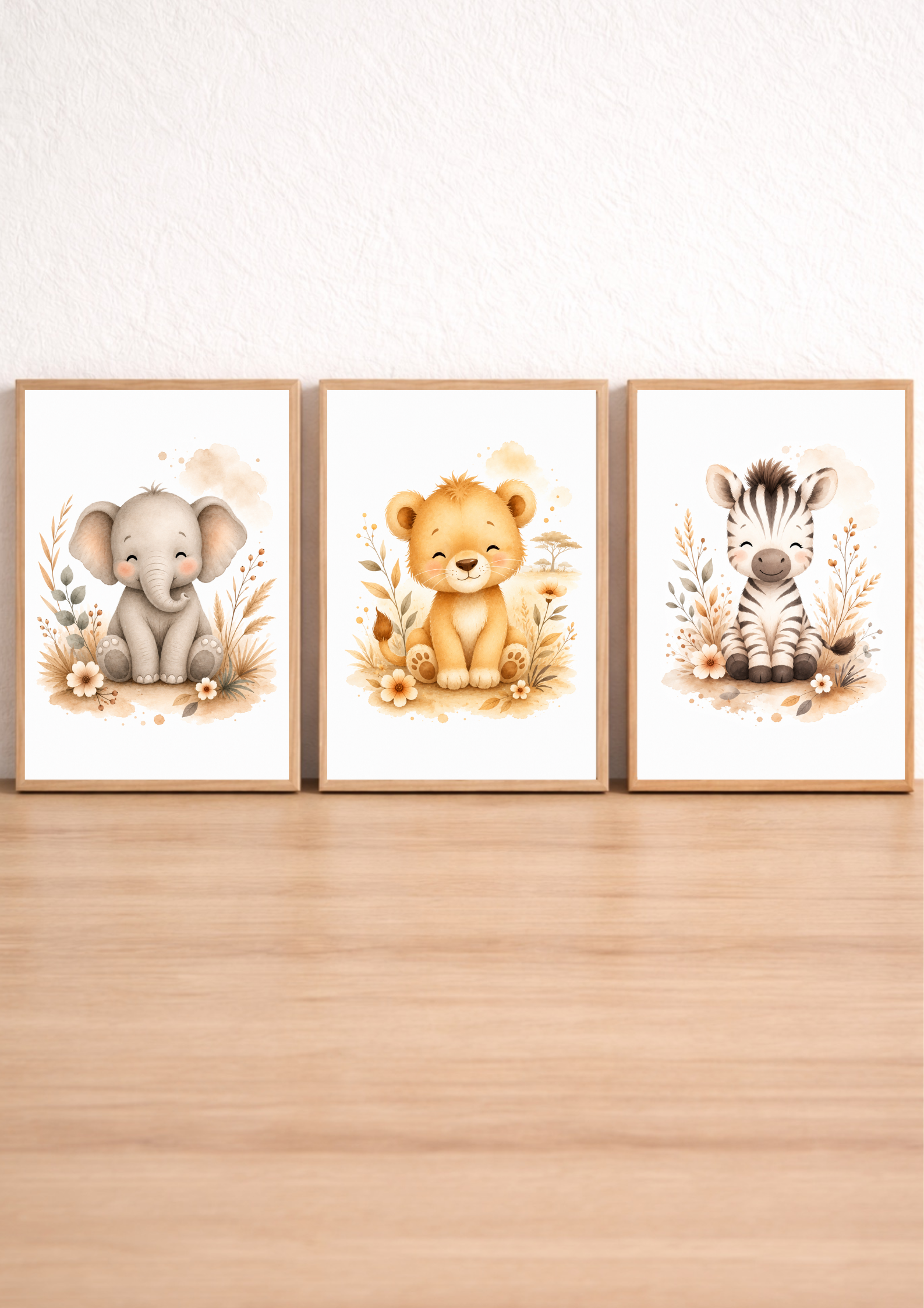 Affiches chambre bébé Safari – Collection Câlins de la Savane – Lion, Zèbre et Éléphant