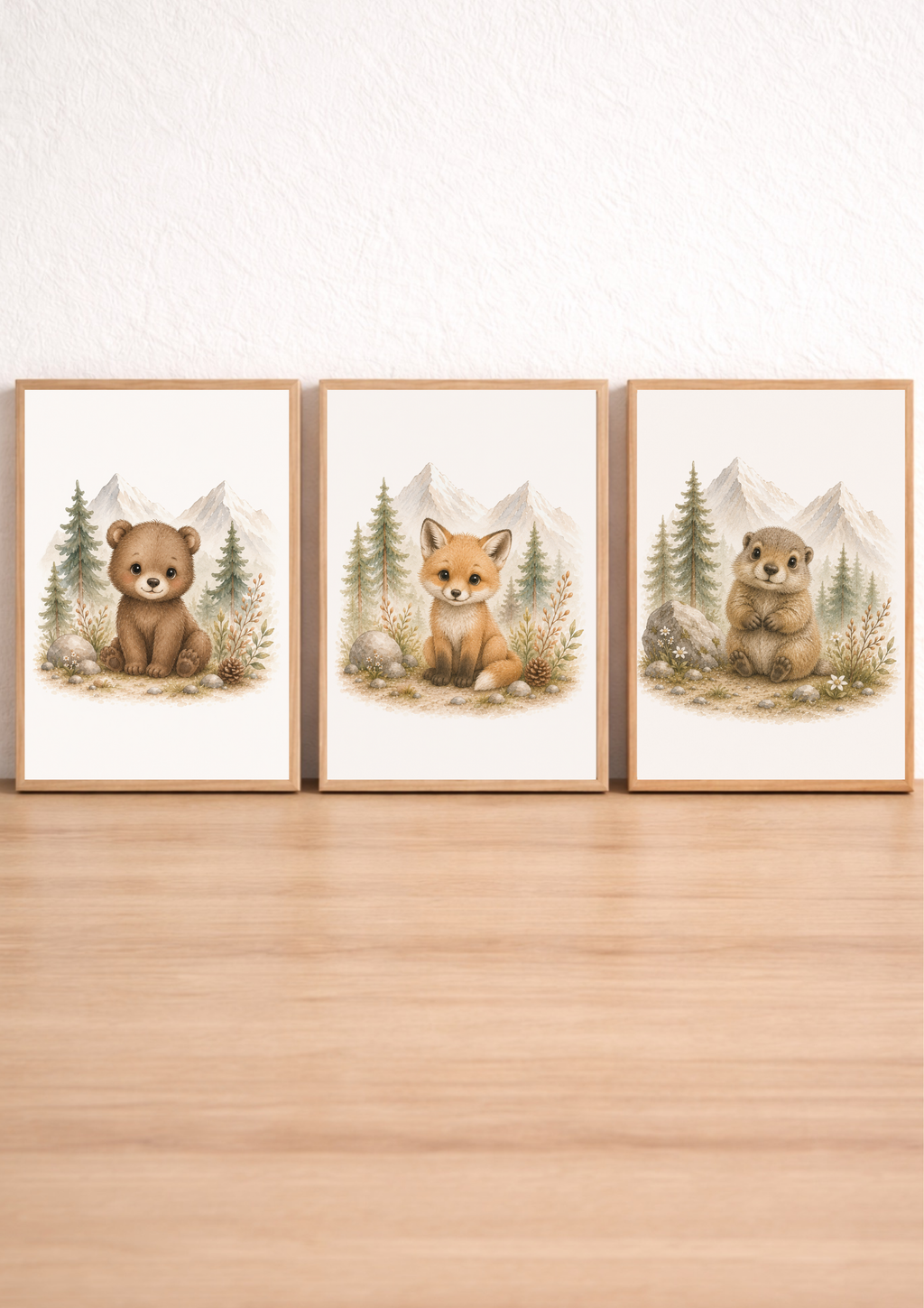 Affiches Animaux Montagne Bébé – Ours, Renard et Marmotte | Trésors des Sommets