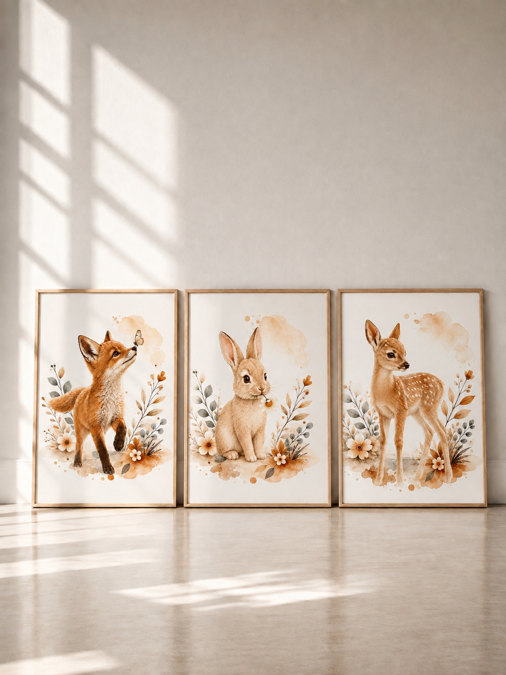 Trio d’affiches chambre bébé animaux de la forêt – Au Cœur de la Prairie | Faon, Lapin & Renardeau