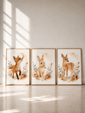 Trio d’affiches chambre bébé animaux de la forêt – Au Cœur de la Prairie | Faon, Lapin & Renardeau