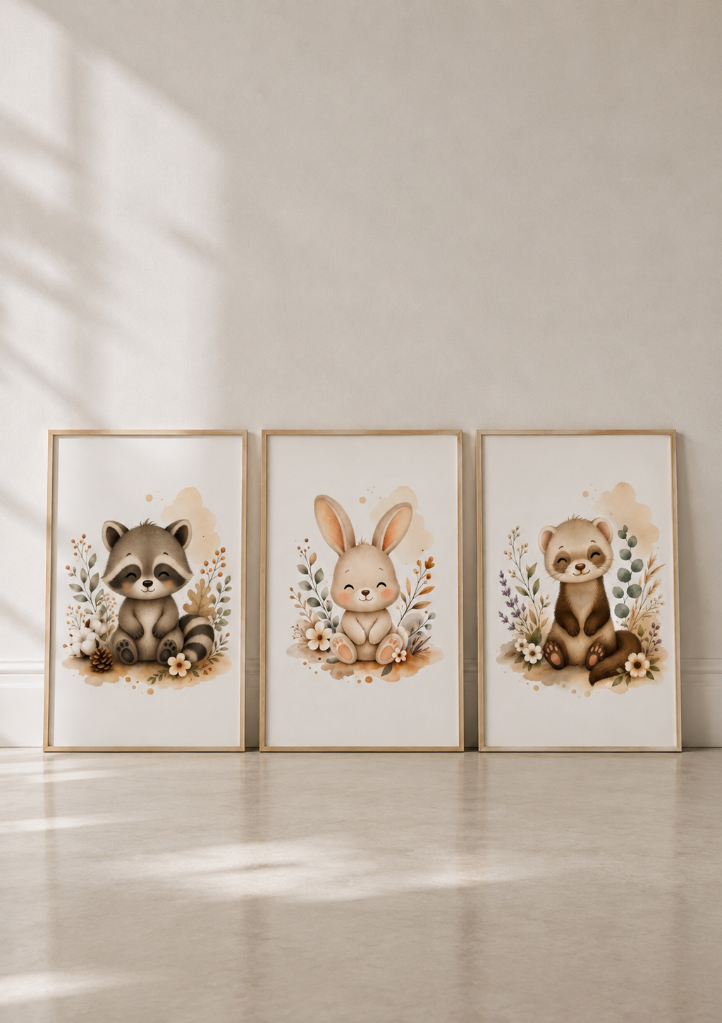 Affiches Bébé Forêt – Raton laveur, Lapin et Furet | Douce Prairie