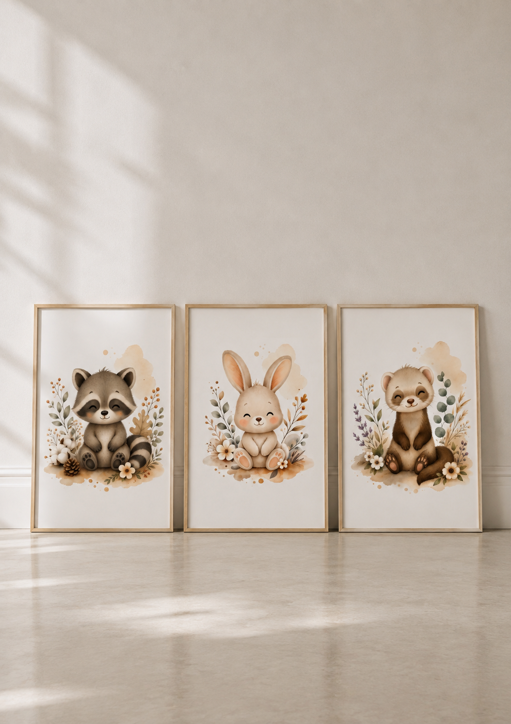 Affiches Bébé Forêt – Raton laveur, Lapin et Furet | Douce Prairie