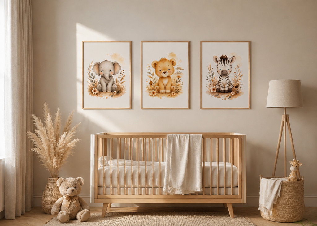 Affiches chambre bébé Safari – Collection Câlins de la Savane – Lion, Zèbre et Éléphant