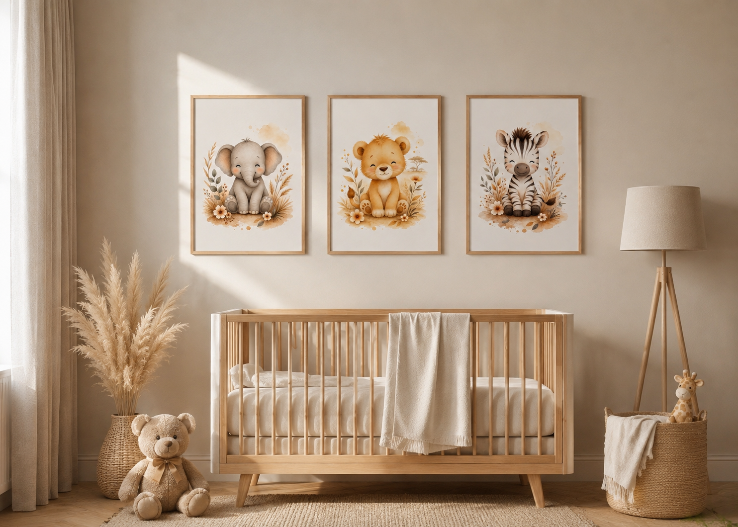 Affiches chambre bébé Safari – Collection Câlins de la Savane – Lion, Zèbre et Éléphant