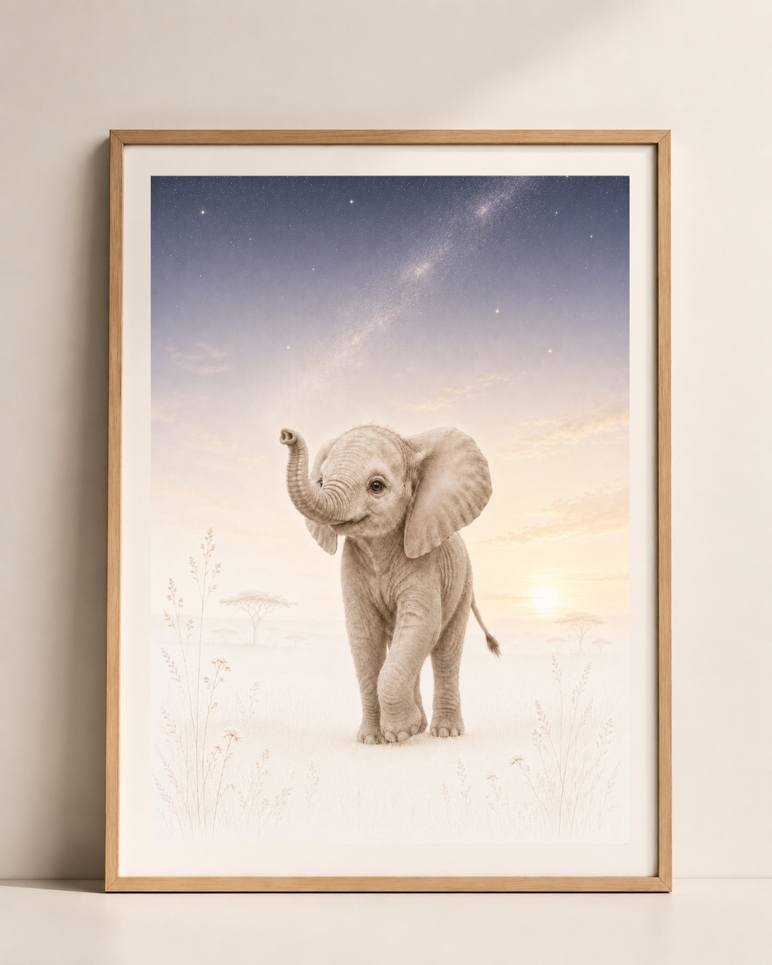 Lot de 3 affiches savane astronomie – Lionceau, zèbre et éléphanteau | Décoration chambre bébé