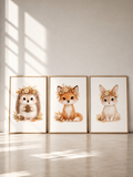Trio d’affiches animaux forêt pour chambre bébé – renard, lapin et hérisson