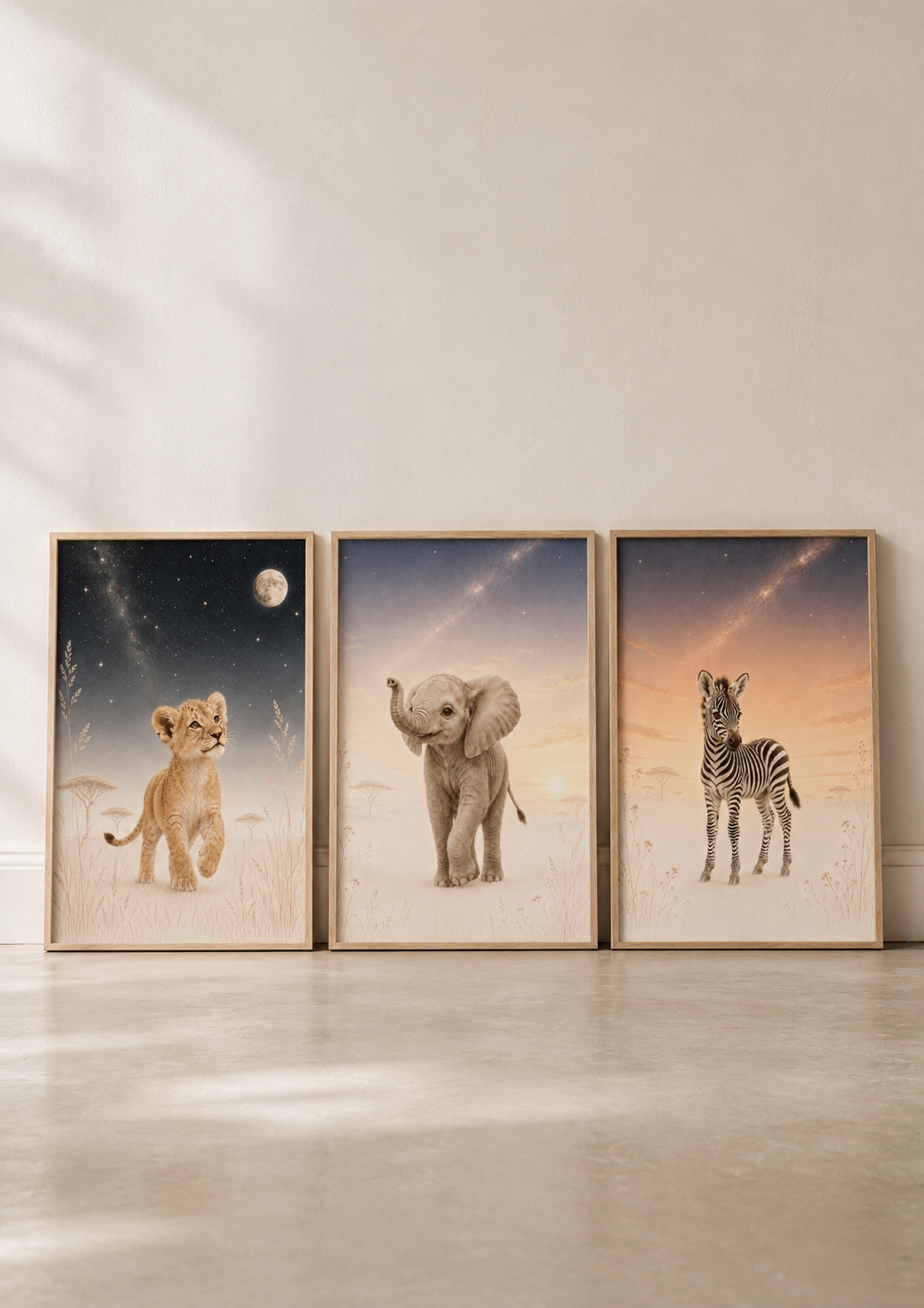 Lot de 3 affiches savane astronomie – Lionceau, zèbre et éléphanteau | Décoration chambre bébé