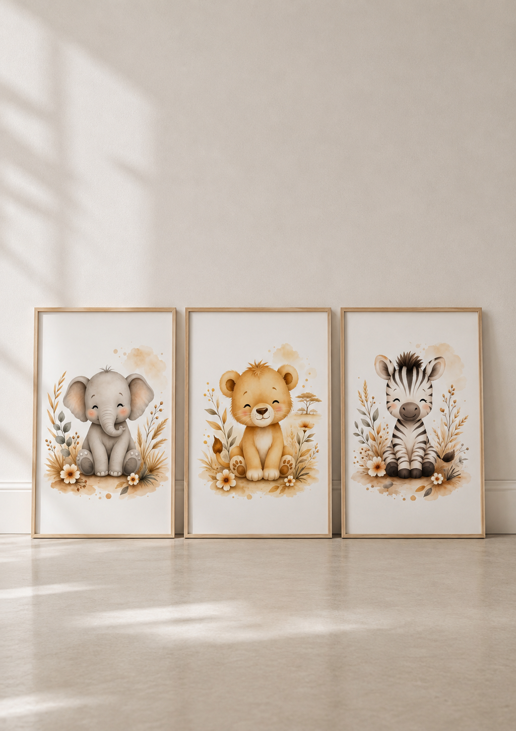 Affiches chambre bébé Safari – Collection Câlins de la Savane – Lion, Zèbre et Éléphant